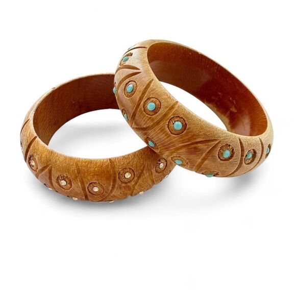Source Unknown Jewelry - Vintage 70s Boho Carved Wood Bangle Set - Made in India